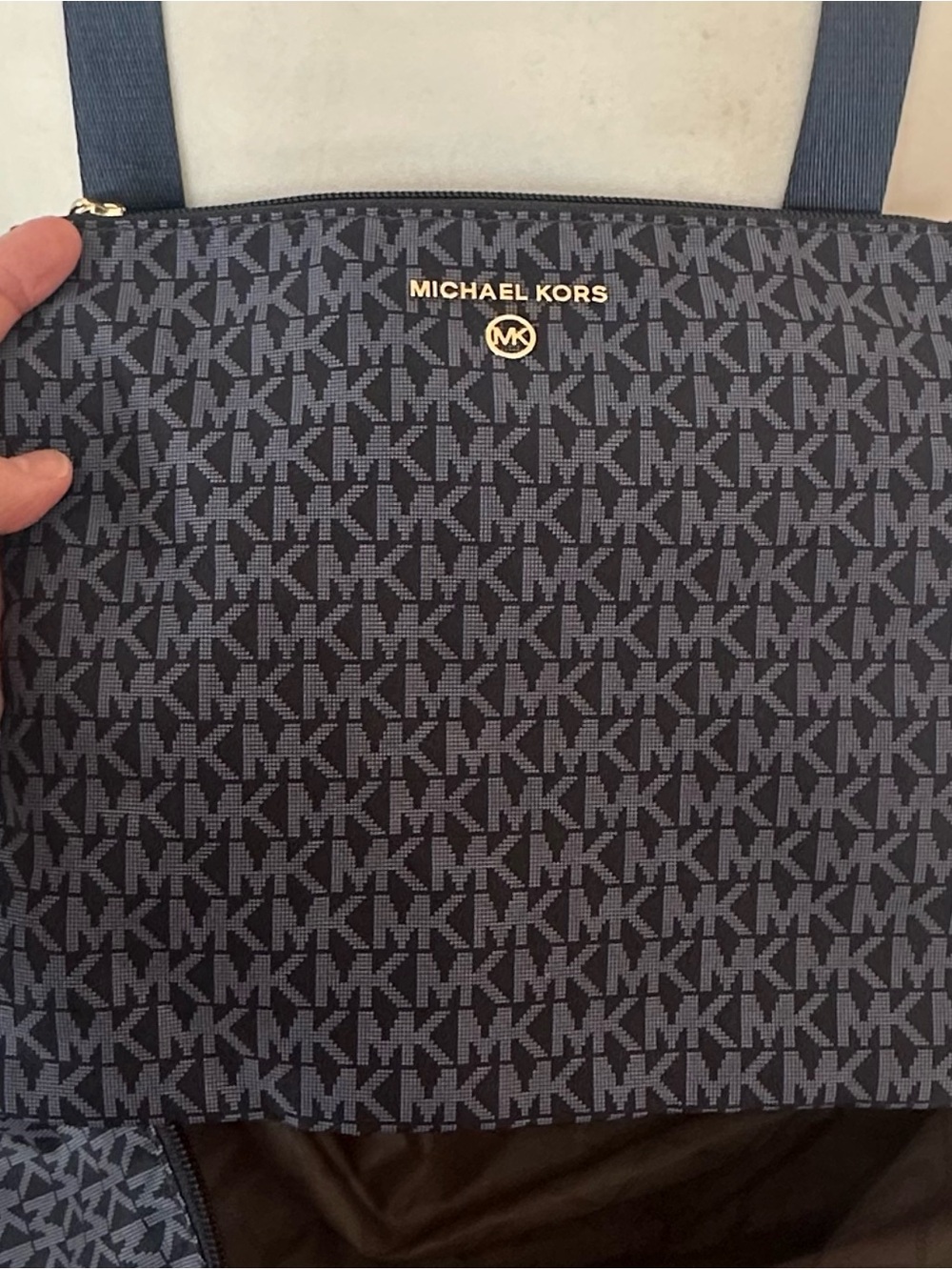 Michael Kors Logo Jet Set Packable Nylon Navy and Black Signature MK Tote - Picture 5 of 6